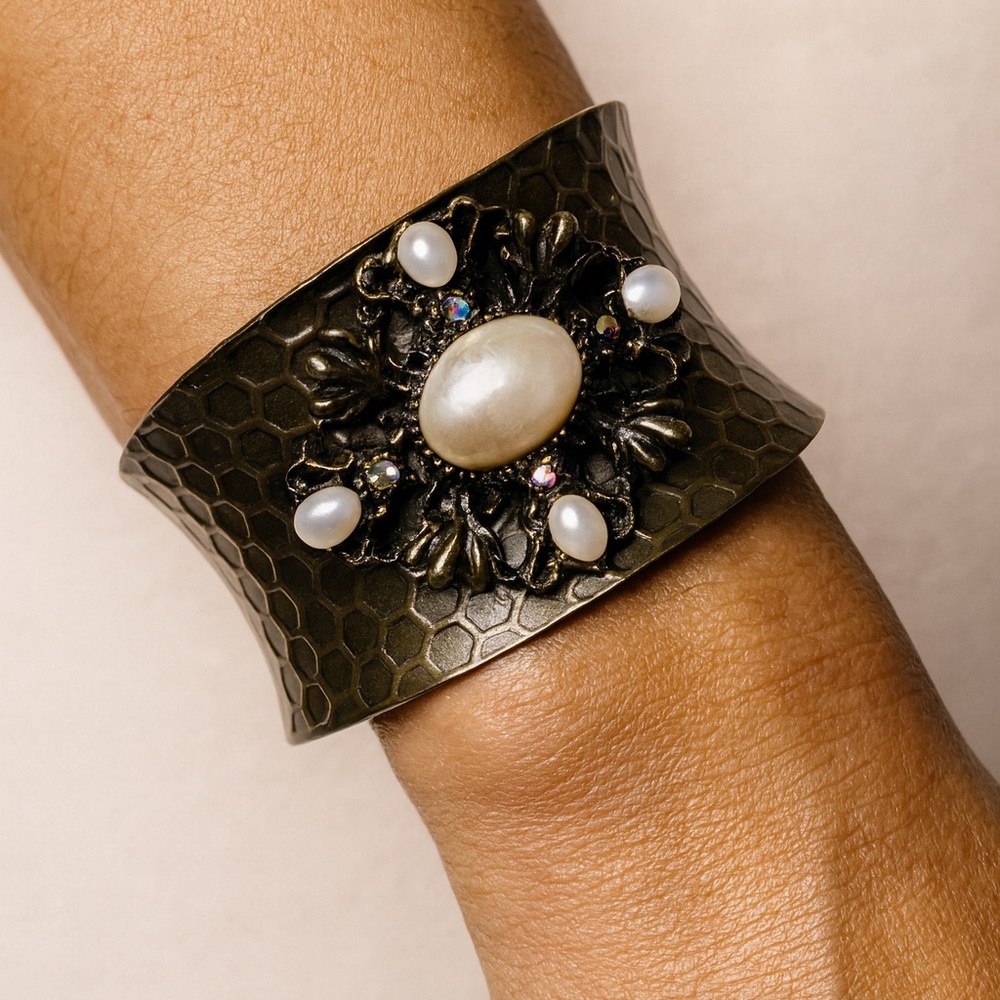 Hammered Cuff Bracelet Faux Pearl Rhinestone Design 3” across 2” wide
